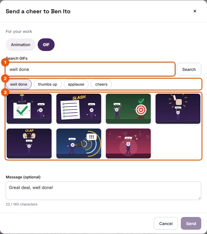 The GIF tab: search, suggestions and results
