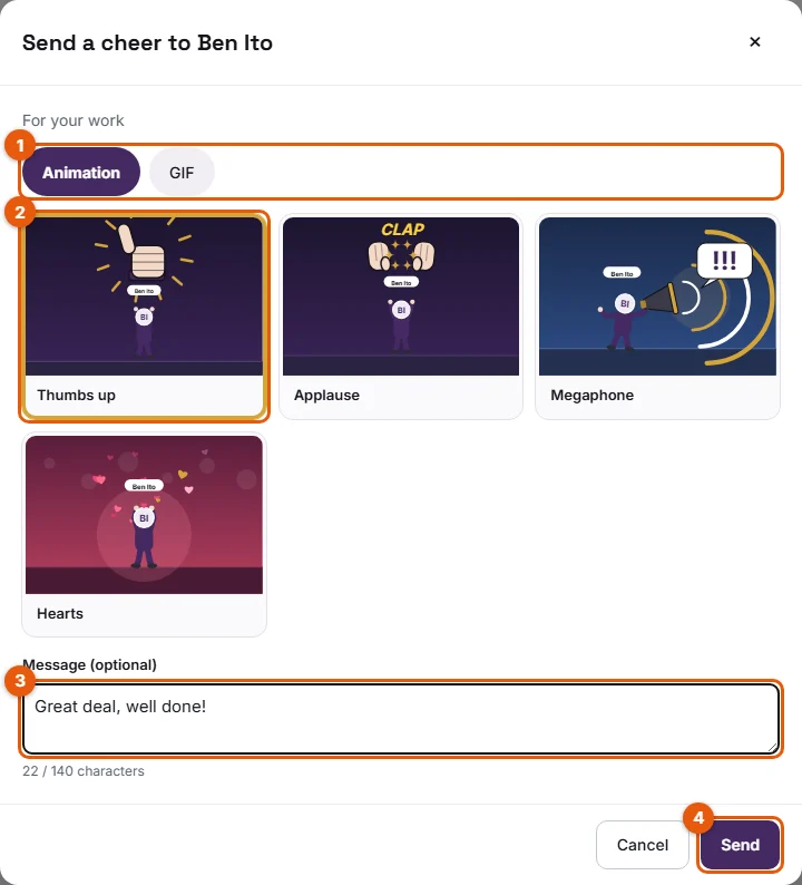 Steps 3 to 5: Animation and GIF tabs, selected animation, message and Send