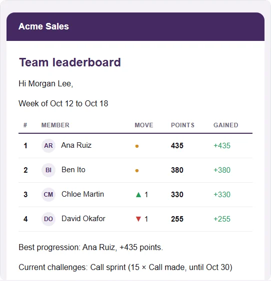 The preview of the scheduled leaderboard email