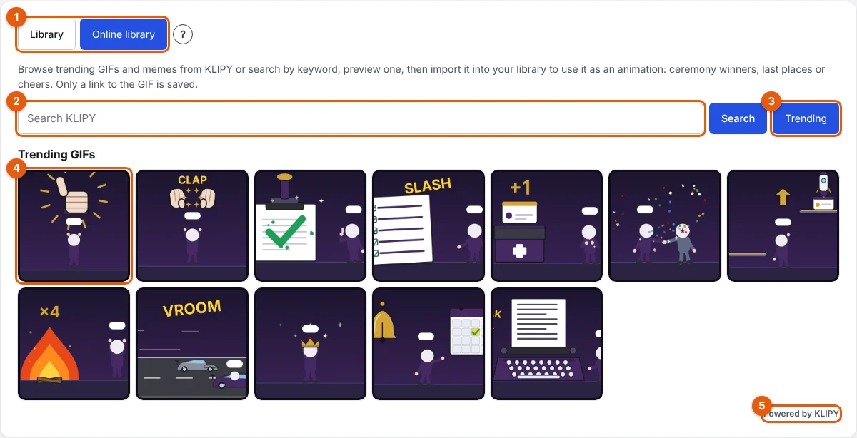 Steps 2 to 5: tabs, search field, Trending, a GIF and the provider's mark