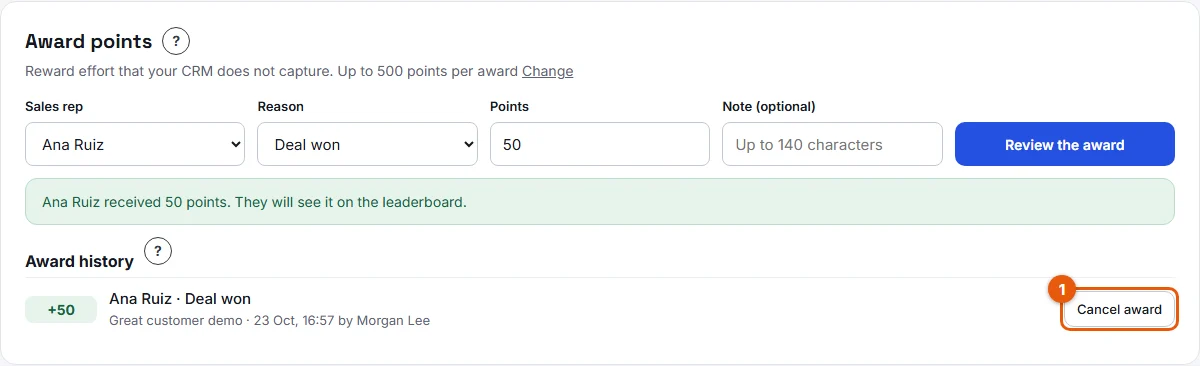 Step 3: the Cancel award button in the award history