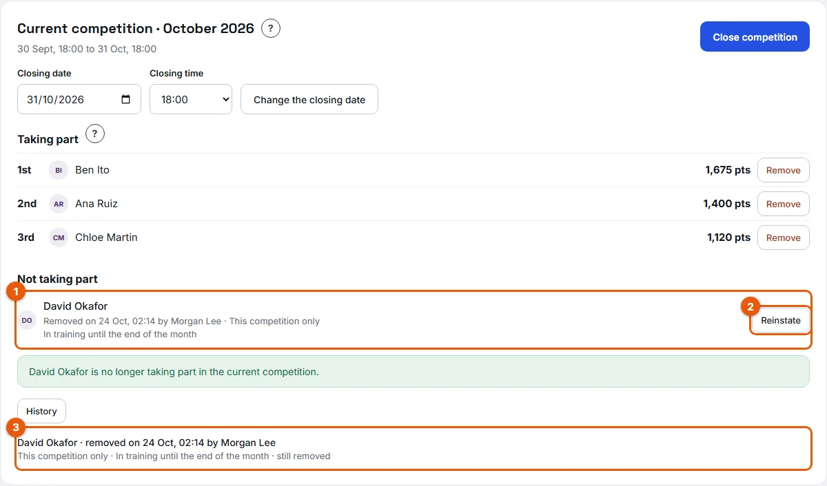Steps 1 and 2: the Not taking part list, Reinstate and History