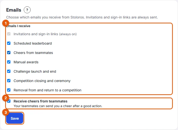 Steps 3 to 5: emails I receive, cheers switch and Save