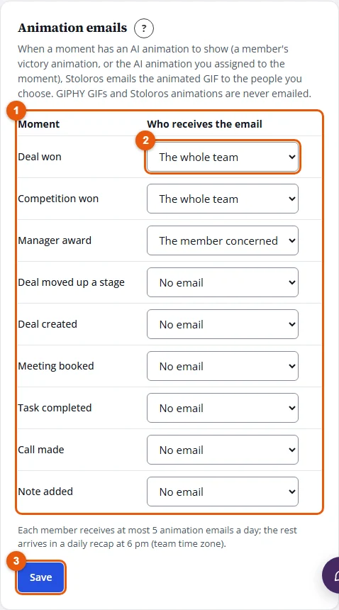 Steps 2 and 3: each moment, who receives the email, and Save