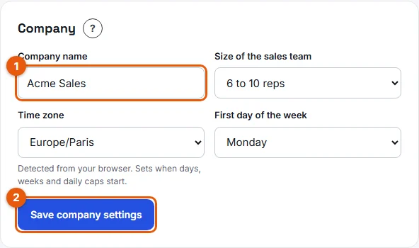 The Company card in the settings