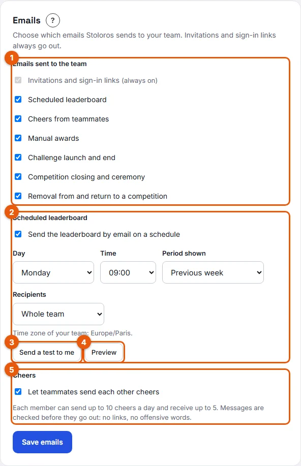 Steps 2 to 4: email types, scheduled leaderboard, test, preview and cheers