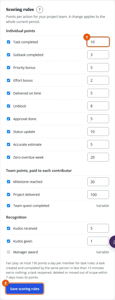 Steps 2 and 3: a rule's points and Save scoring rules