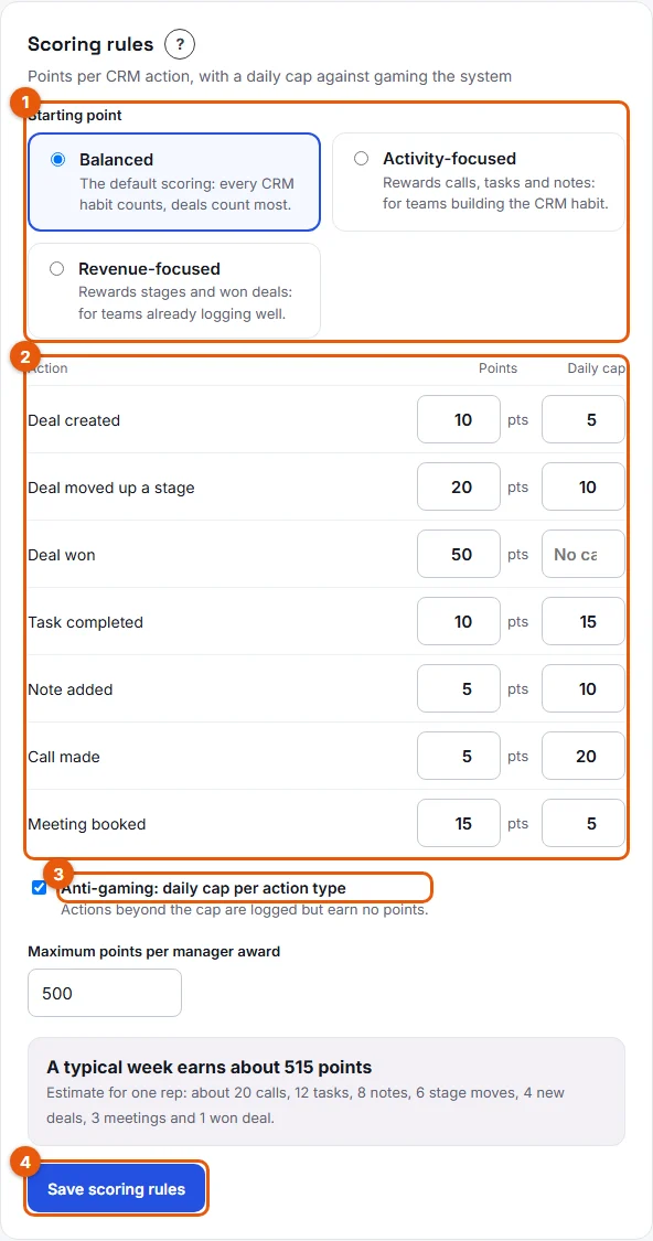 Step 3: the Scoring rules card in Settings