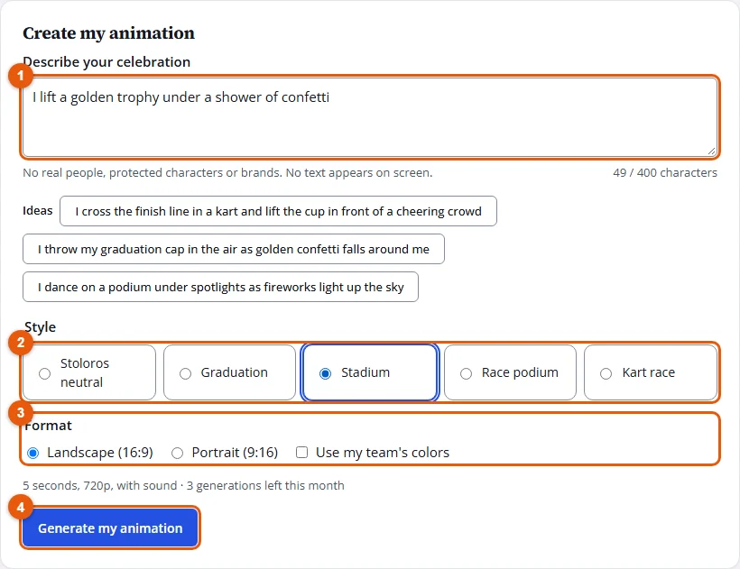 Steps 2 to 5: description, style, format and Generate my animation