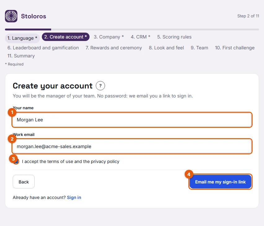 Steps 3 to 5: the Create account step