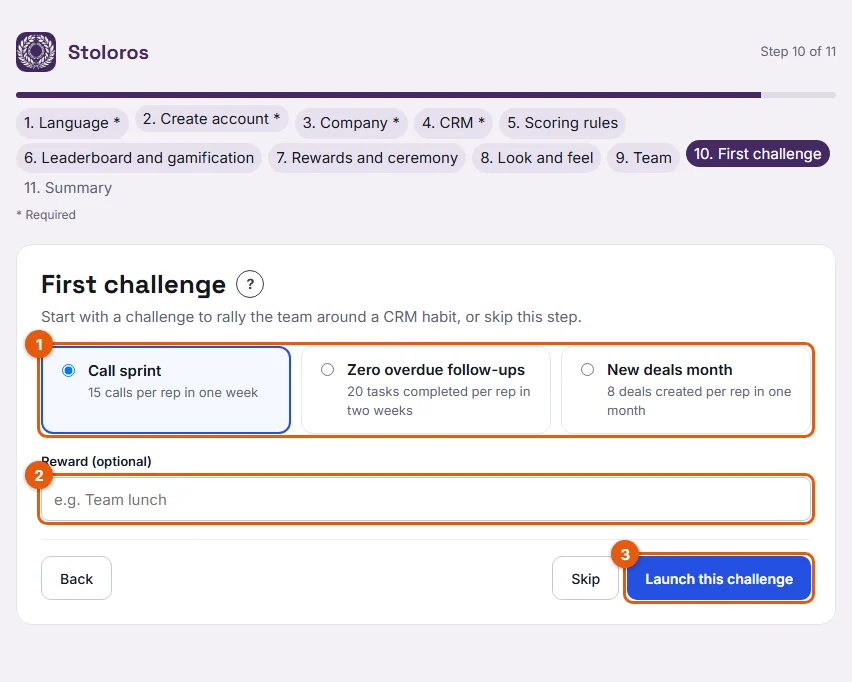 The First challenge step of the setup wizard