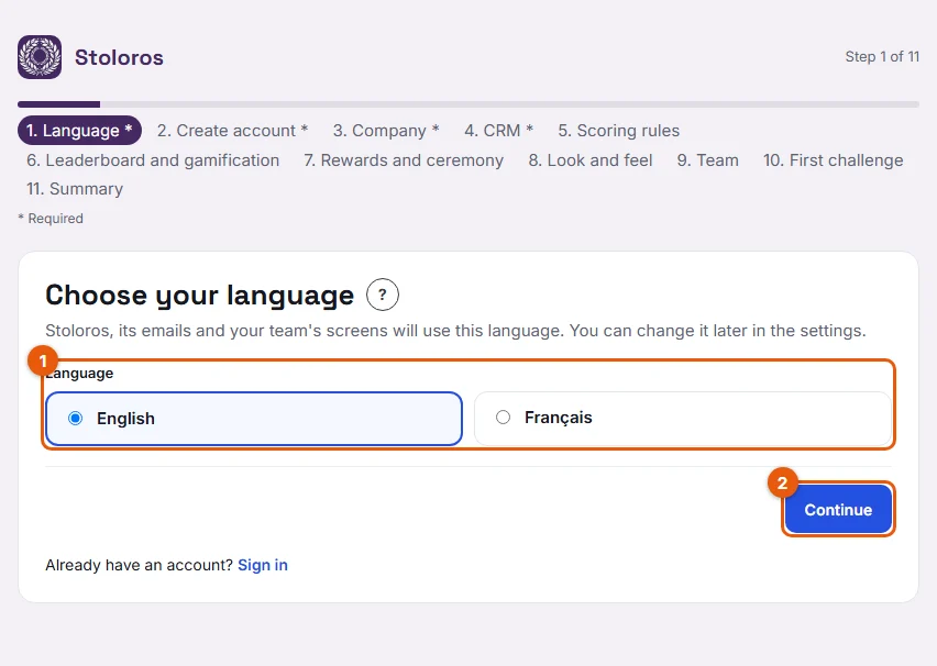 Step 2: the Language step of the setup wizard