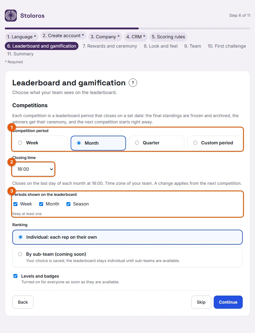 The Leaderboard and gamification step of the setup wizard
