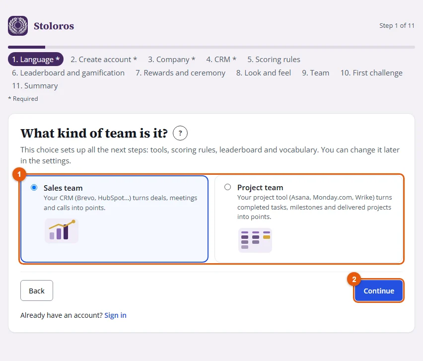 Step 2: the two team types and Continue