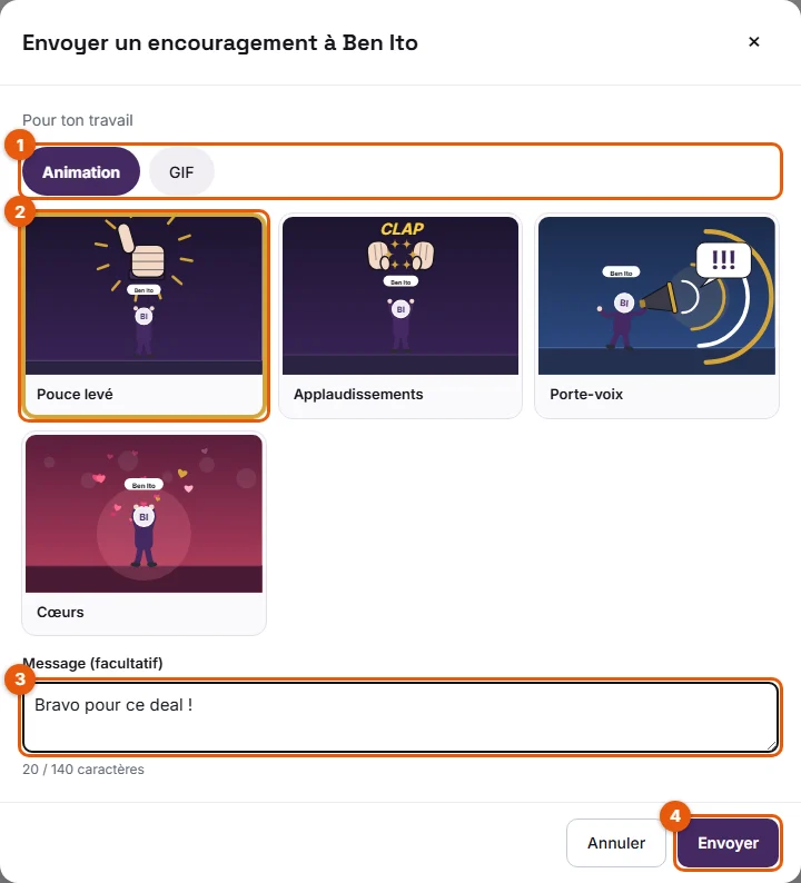 Étapes 3 à 5 : onglets Animation et GIF, animation sélectionnée, message et Envoyer