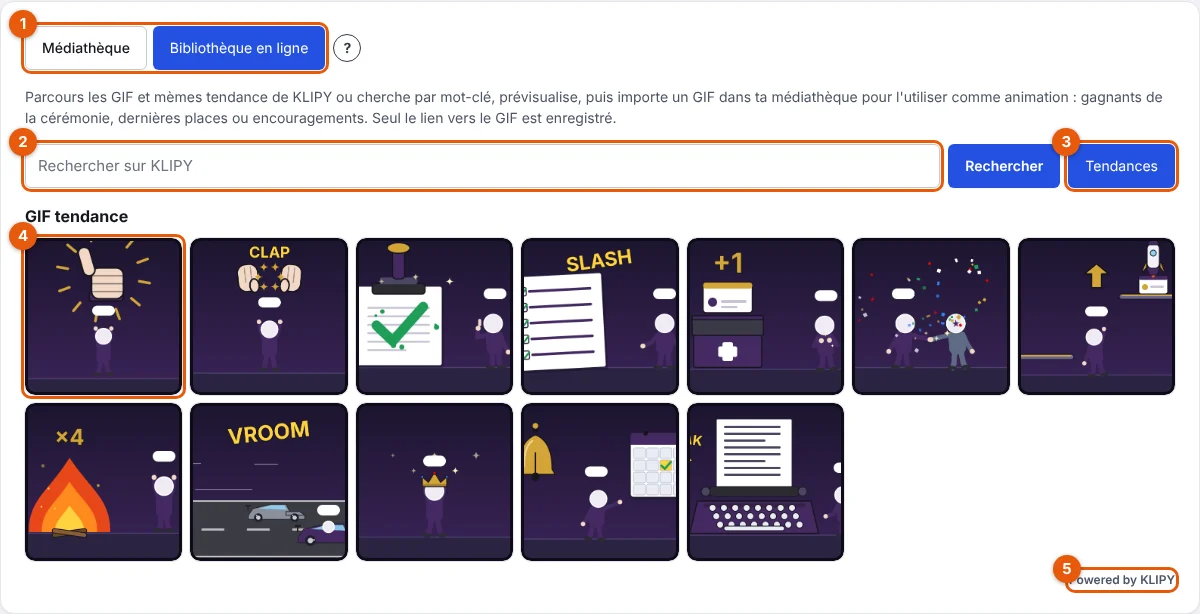 Étapes 2 à 5 : onglets, champ de recherche, Tendances, un GIF et la mention du fournisseur
