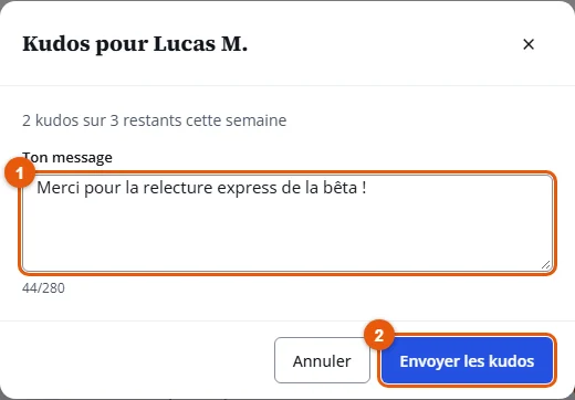 Étape 2 : Ton message et Envoyer les kudos