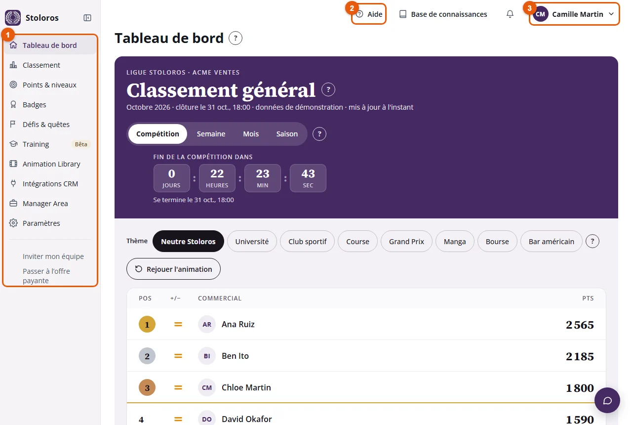 Étapes 1 à 5 : le menu de gauche et les raccourcis en haut à droite
