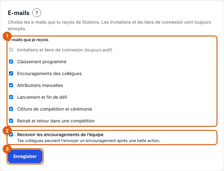 Étapes 3 à 5 : e-mails que je reçois, interrupteur des encouragements et Enregistrer