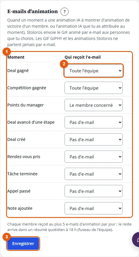 Étapes 2 et 3 : chaque moment, qui reçoit l'e-mail, et Enregistrer