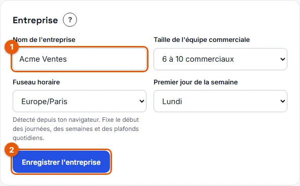 La carte Entreprise dans les paramètres