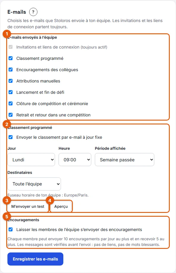 Étapes 2 à 4 : types d'e-mails, classement programmé, test, aperçu et encouragements
