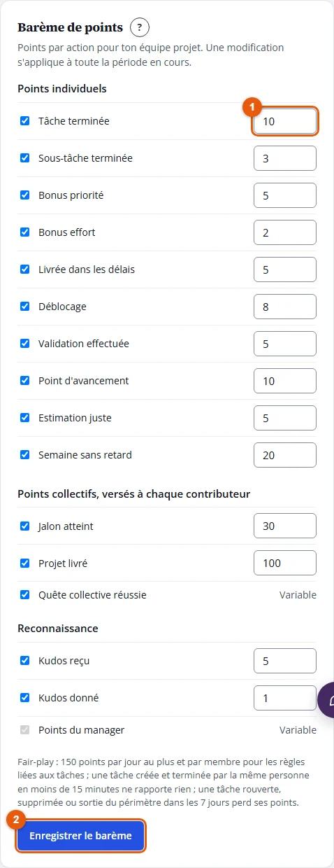 Étapes 2 et 3 : les points d'une règle et Enregistrer le barème