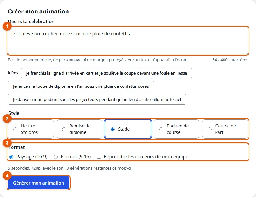 Étapes 2 à 5 : description, style, format et Générer mon animation