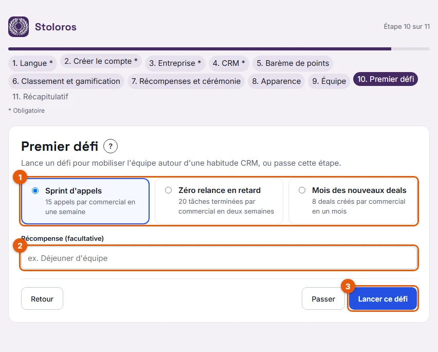 L'étape Premier défi de l'assistant de paramétrage