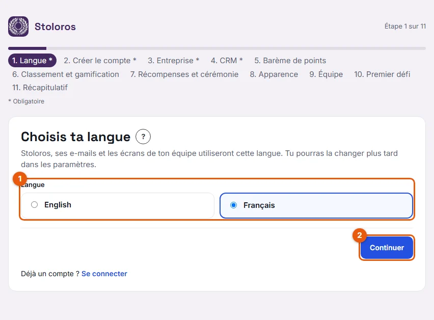 Étape 2 : l'étape Langue de l'assistant de paramétrage