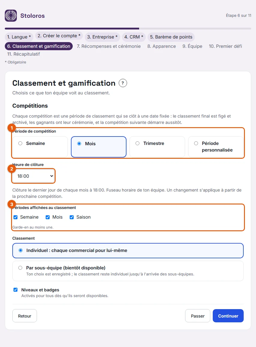 L'étape Classement et gamification de l'assistant