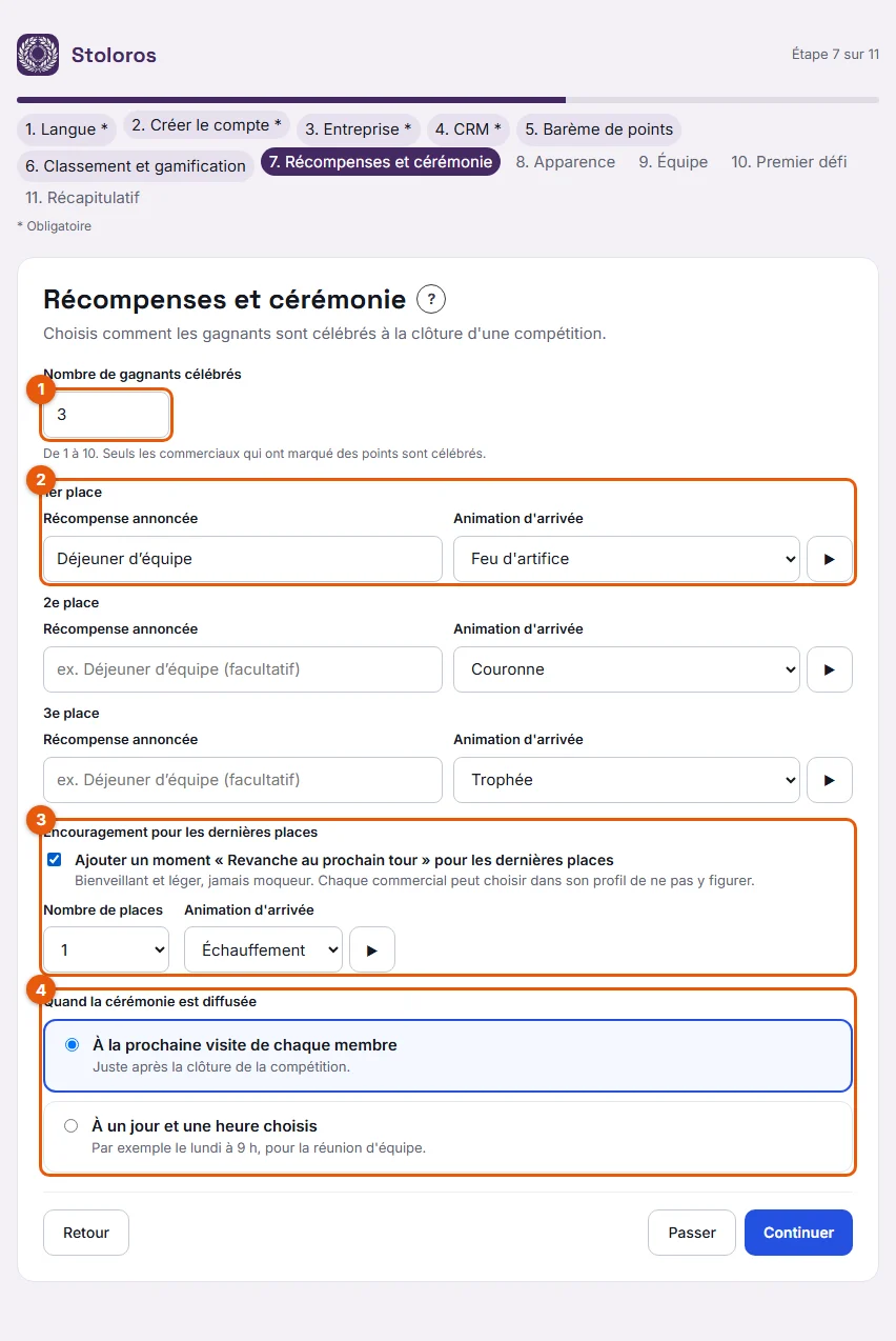 L'étape Récompenses et cérémonie de l'assistant